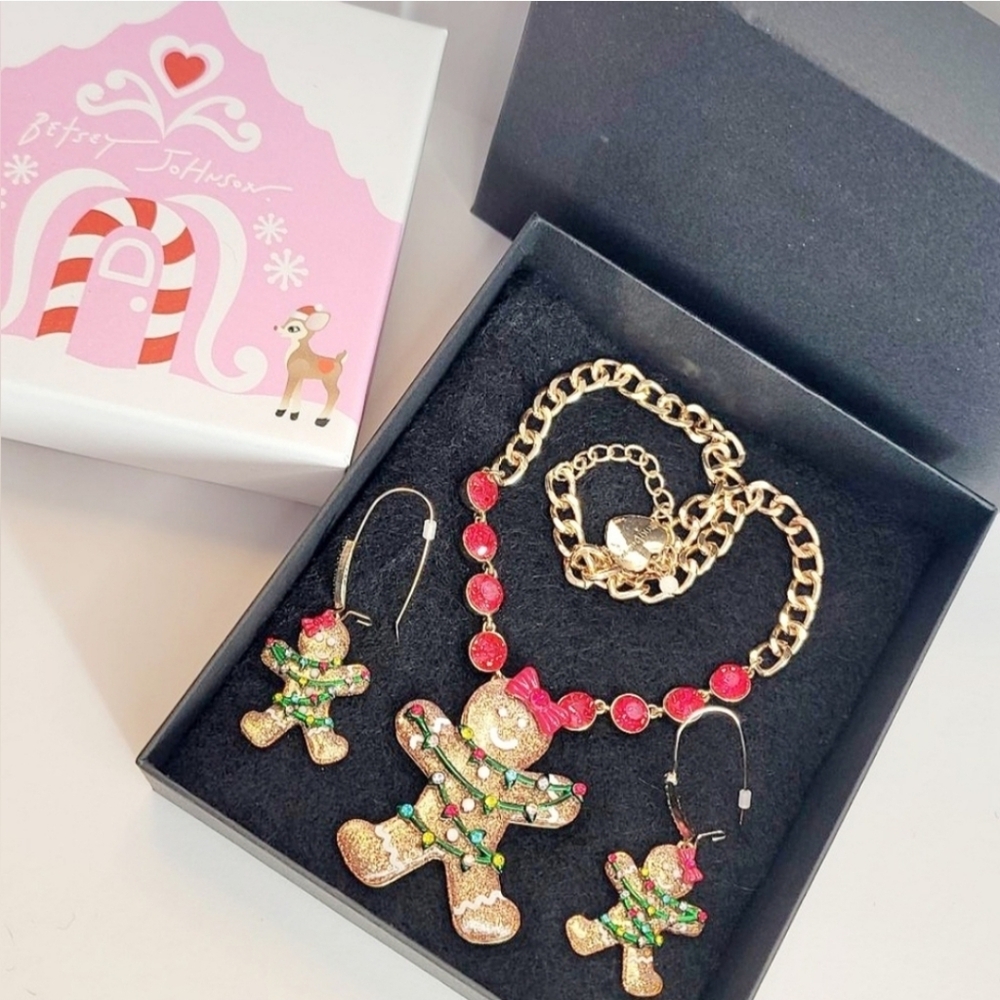 Betsey Johnson Gingerbread Girl Necklace & Earrings w/ red & green rhinestones - Picture 2 of 13